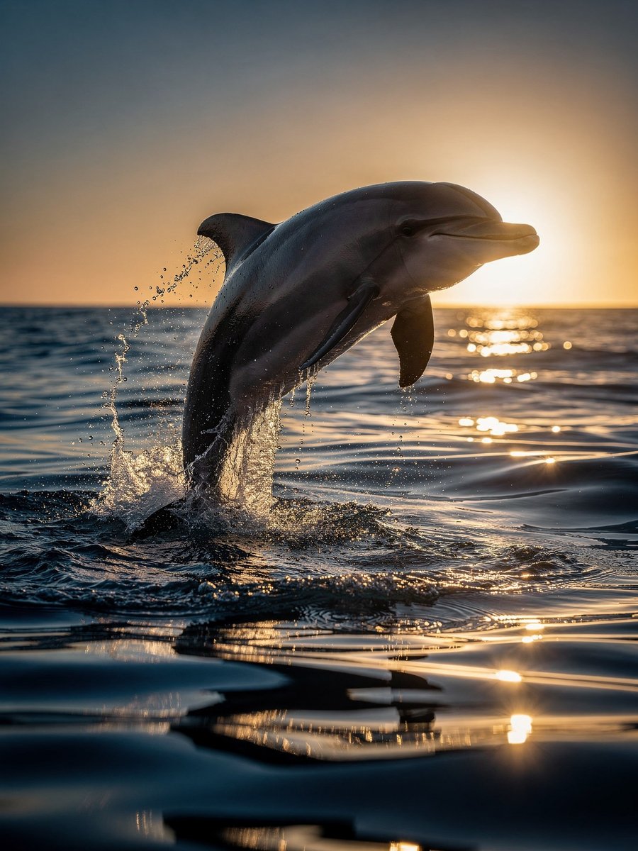 Dolphin leaping at sunset