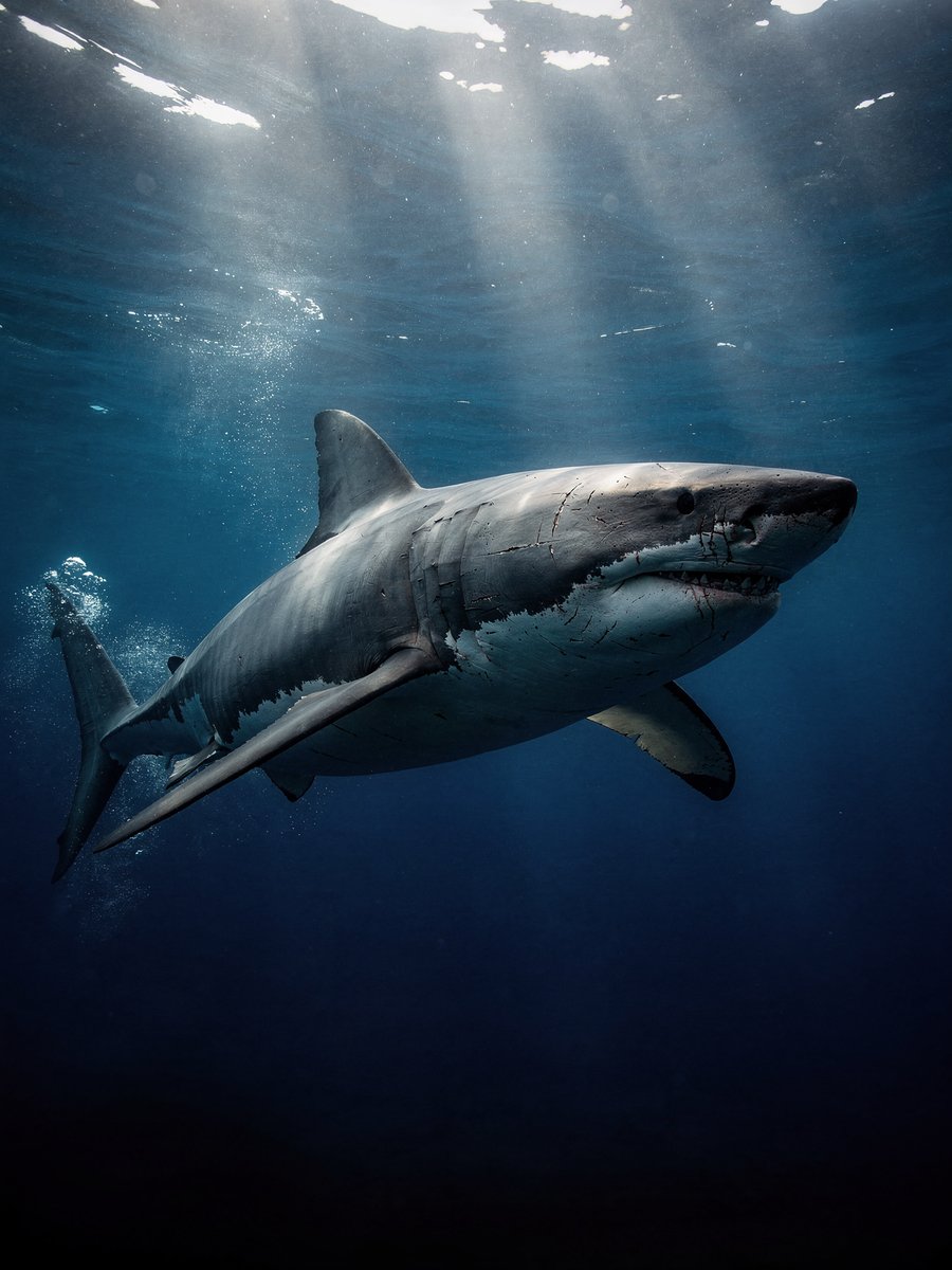 Great white shark in clear blue water